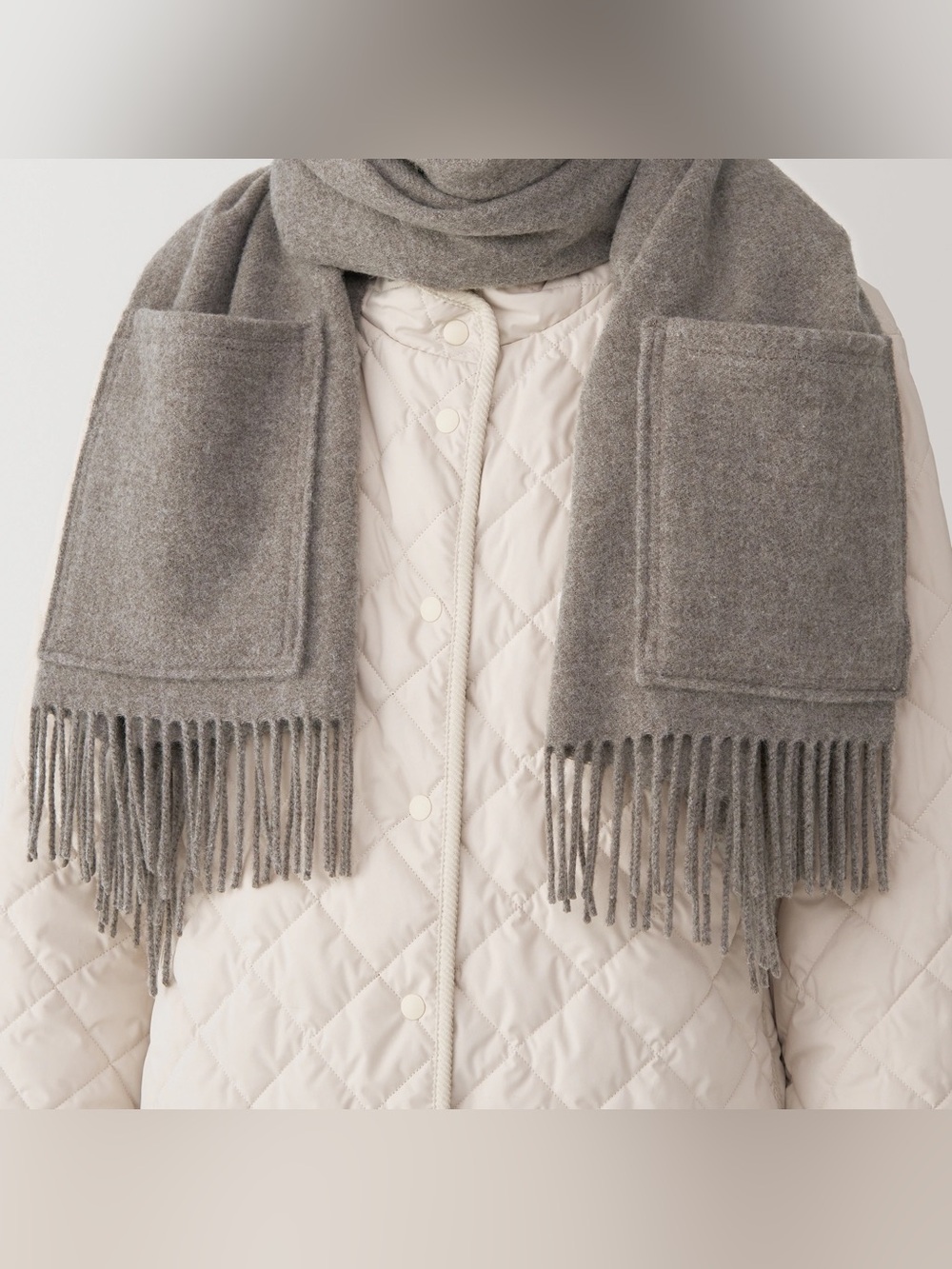 Muji Grey Wool-Blend Scarf with Pockets and Fringe